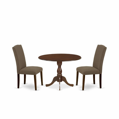 East West Furniture DMEN3-MAH-18 3 Piece Dining Room Set Includes 1 Drop Leaves Dining Table and 2 Dark Coffee Linen Fabric Upholstered Chair High Back with Nail Heads - Mahogany Finish