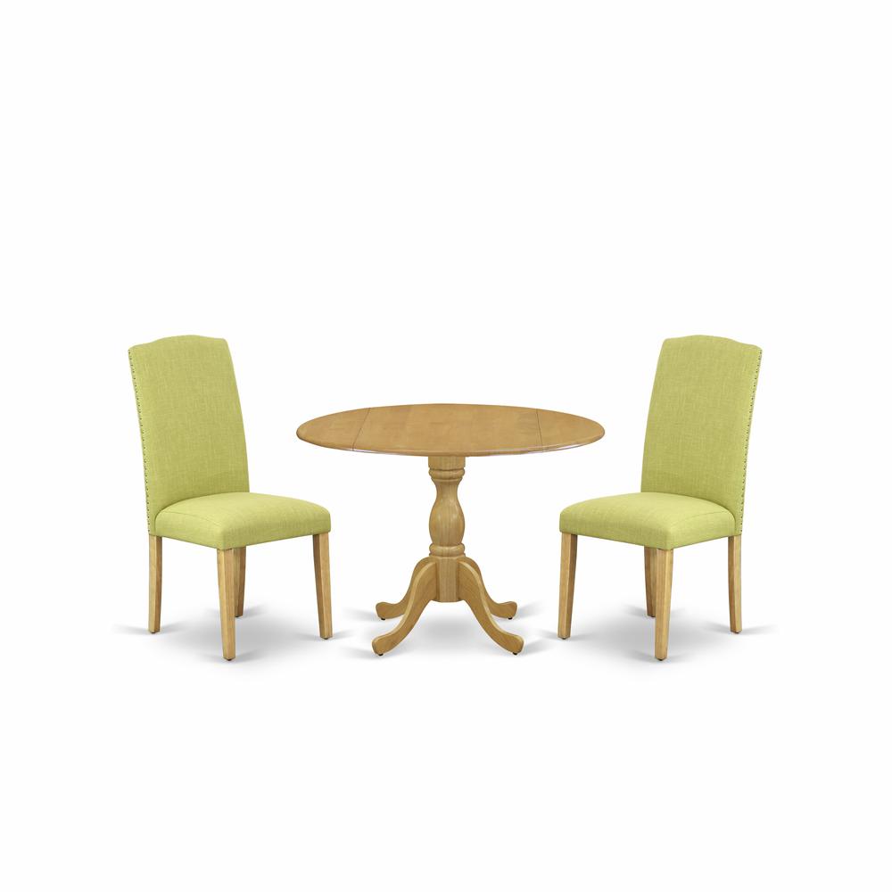 East West Furniture DMEN3-OAK-07 3 Piece Dining Room Set - Oak Small Dining Table and 2 Limelight Linen Fabric Dining Room Chairs with High Back - Oak Finish