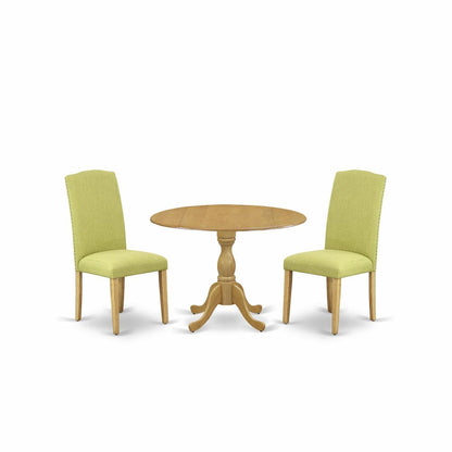 East West Furniture DMEN3-OAK-07 3 Piece Dining Room Set - Oak Small Dining Table and 2 Limelight Linen Fabric Dining Room Chairs with High Back - Oak Finish