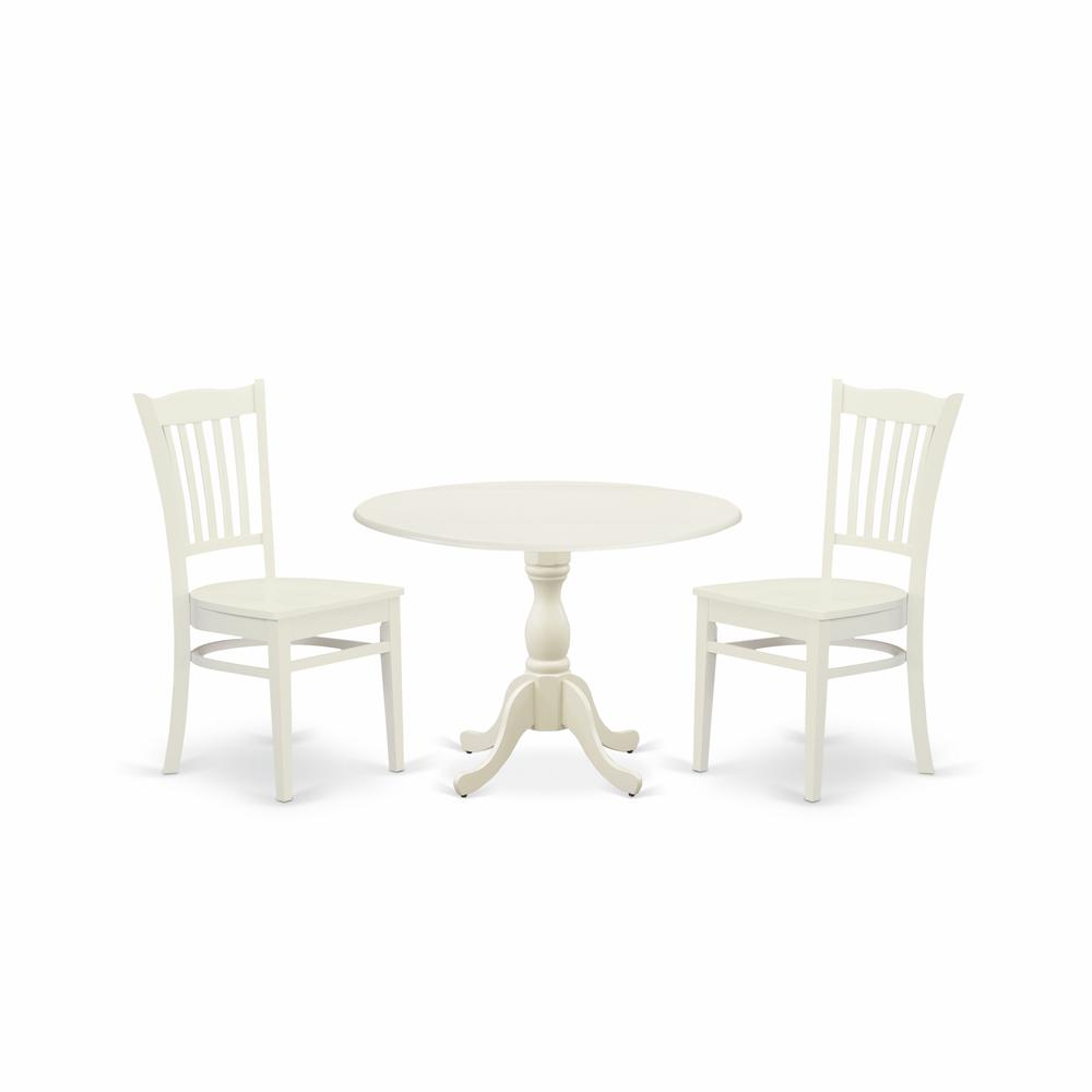 East West Furniture DMGR3-LWH-W 3 Piece Dinette Set Contains 1 Drop Leaves Modern Dining Table and 2 Black Wooden Dining Chairs with Slatted Back - Linen White Finish