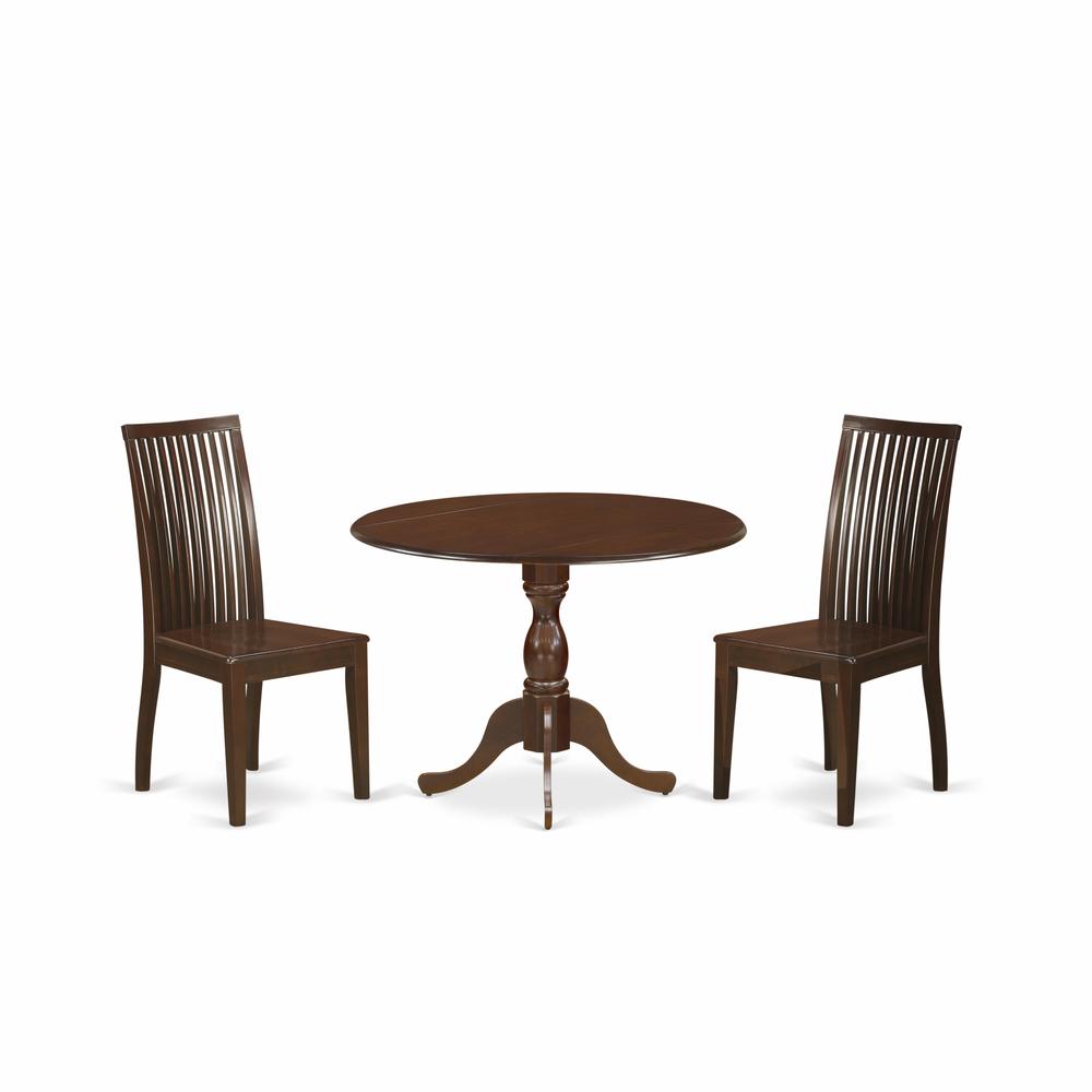 East West Furniture DMIP3-MAH-W 3 Piece Dropleaf Dining Table Set - Mahogany Wood Table and 2 Mahogany Kitchen Table Chairs with Slatted Back - Mahogany Finish