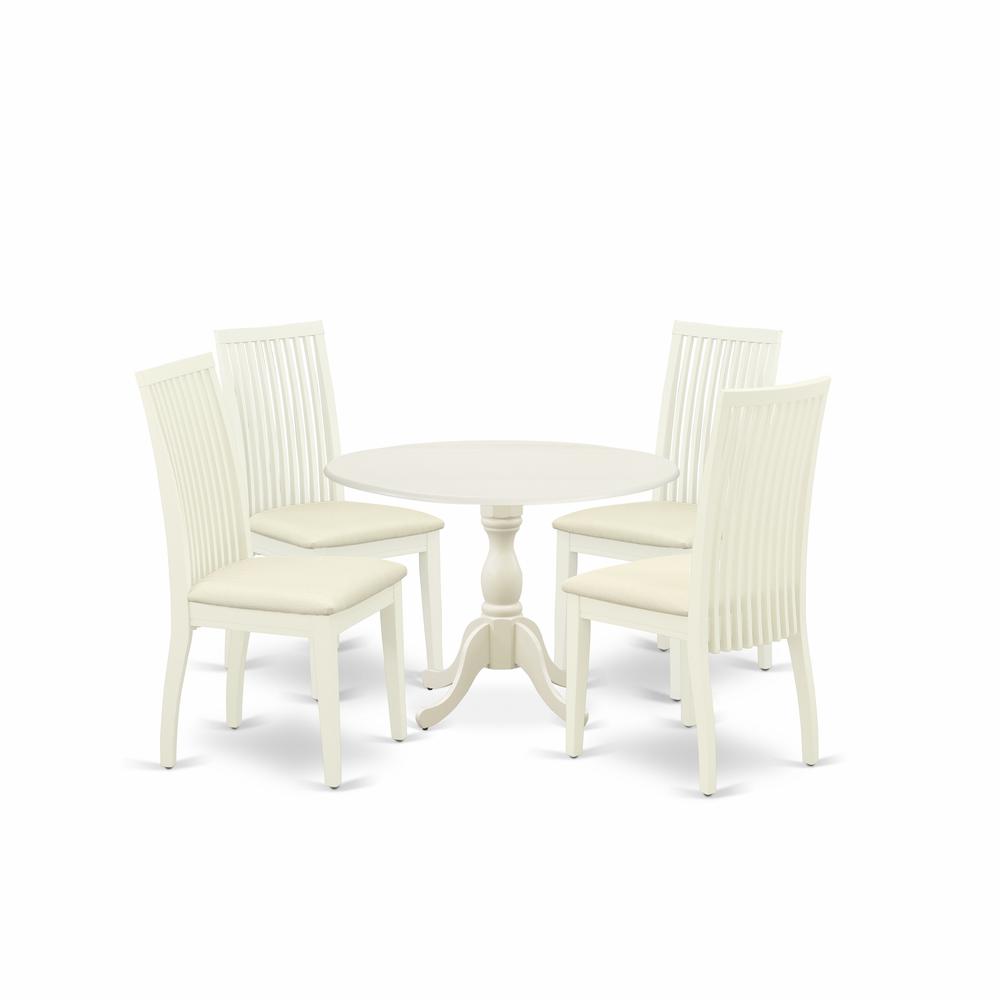 East West Furniture DMIP5-LWH-C 5 Piece Dining Room Set Contains 1 Drop Leaves Dining Table and 4 Linen White Mid Century Chair with Slatted Back - Linen White Finish