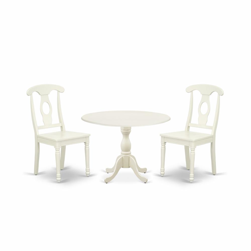 East West Furniture DMKE3-LWH-W 3 Piece Dinette Set Contains 1 Drop Leaves Wooden Dining Table and 2 Linen White Mid Century Dining Chairs with Napoleon Back - Linen White Finish