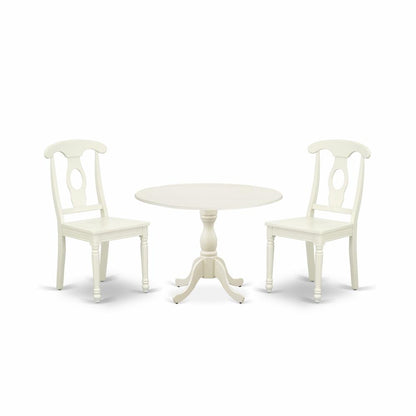 East West Furniture DMKE3-LWH-W 3 Piece Dinette Set Contains 1 Drop Leaves Wooden Dining Table and 2 Linen White Mid Century Dining Chairs with Napoleon Back - Linen White Finish
