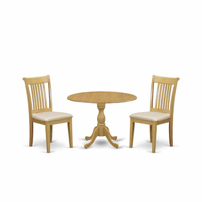 East West Furniture DMPO3-OAK-C 3 Piece Dining Table Set - Oak Wood Dining Table and 2 Oak Linen Fabric Chairs for Dining Room with Slatted back - Oak Finish
