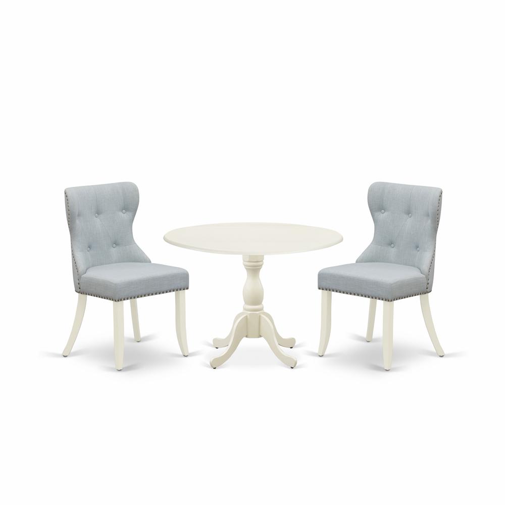 East West Furniture DMSI3-LWH-15 3 Piece Kitchen Table Set Consists of 1 Drop Leaves Dining Table and 2 Baby Blue Linen Fabric Parson Chairs Button Tufted Back with Nail Heads - Linen White Finish