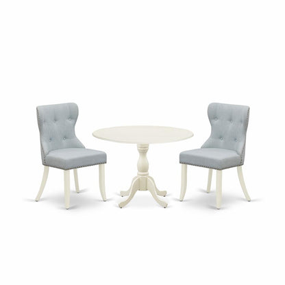 East West Furniture DMSI3-LWH-15 3 Piece Kitchen Table Set Consists of 1 Drop Leaves Dining Table and 2 Baby Blue Linen Fabric Parson Chairs Button Tufted Back with Nail Heads - Linen White Finish