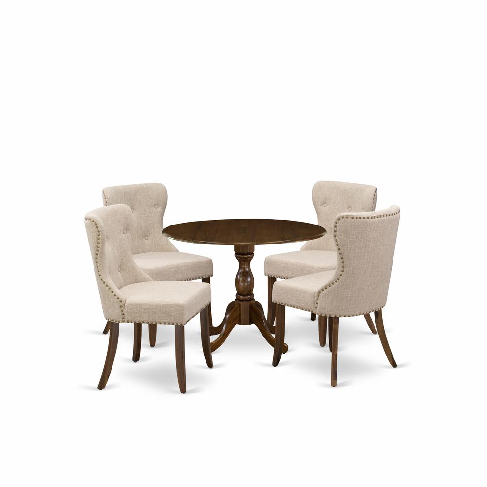 East West Furniture 5 Piece Dining Table Set Consists of 1 Drop Leaves Dining Table and 4 Light Tan Linen Fabric Kitchen Chairs Button Tufted Back with Nail Heads - Acacia Walnut Finish