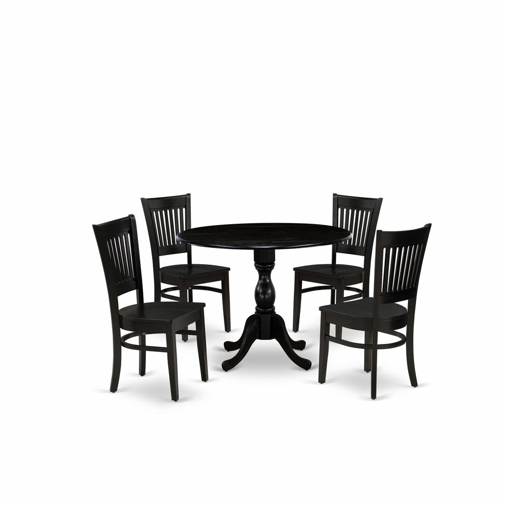 East West Furniture - DMVA5-BLK-W - 5-Piece Kitchen Dining Set- 4 Wooden Chair with Wooden Seat and Slatted Chair Back - Drop Leaves Round Dining Table - Black Finish