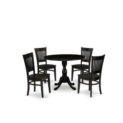 East West Furniture - DMVA5-BLK-W - 5-Piece Kitchen Dining Set- 4 Wooden Chair with Wooden Seat and Slatted Chair Back - Drop Leaves Round Dining Table - Black Finish