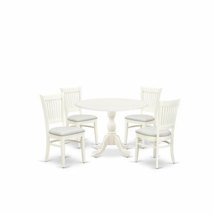 East West Furniture - DMVA5-LWH-C - 5-Piece Dining Room Table Set- 4 Dining Room Chair with Linen Fabric Seat and Slatted Chair Back - Drop Leaves Round Table - Linen White Finish