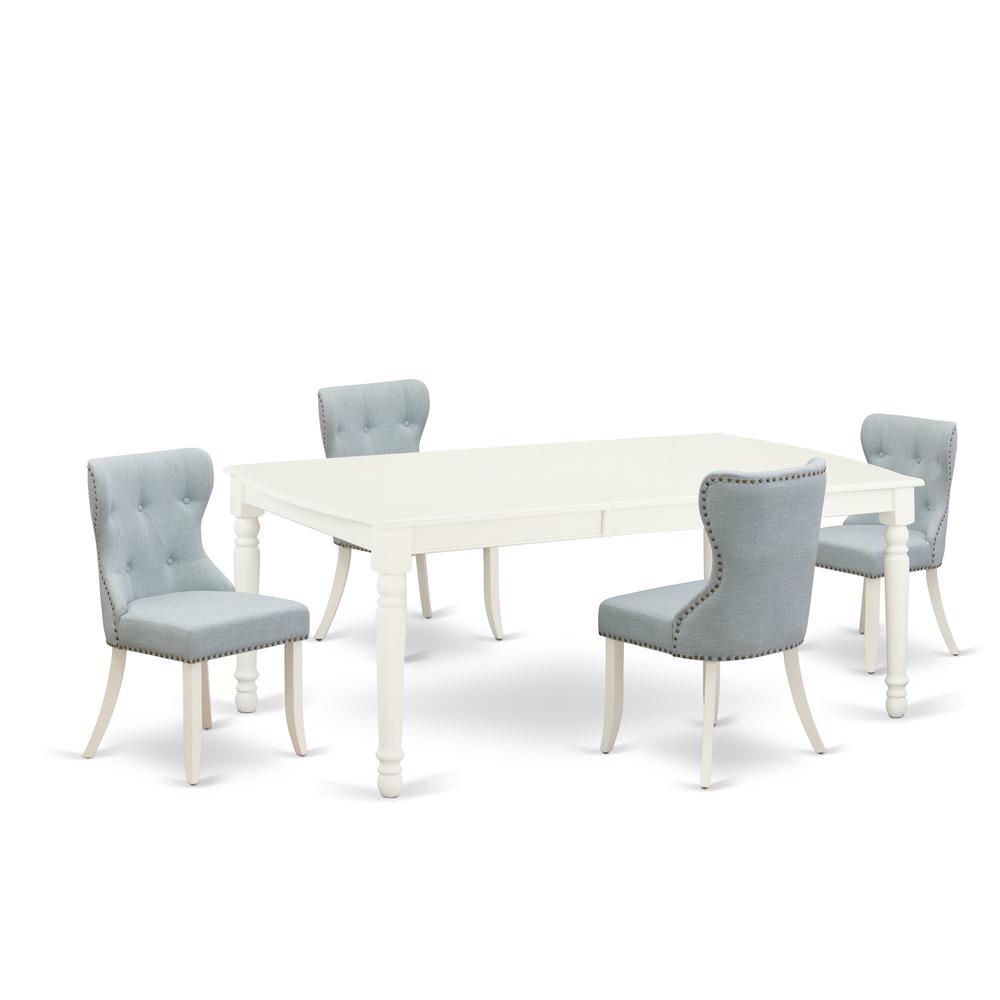 East-West Furniture DOSI5-LWH-15 - A dining table set of 4 fantastic kitchen chairs with Linen Fabric Baby Blue color and a fantastic 18 butterfly rectangle dining room table with Linen White color"