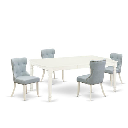East-West Furniture DOSI5-LWH-15 - A dining table set of 4 fantastic kitchen chairs with Linen Fabric Baby Blue color and a fantastic 18 butterfly rectangle dining room table with Linen White color"