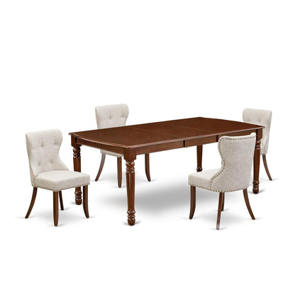 East-West Furniture DOSI5-MAH-35 - A kitchen dining table set of 4 amazing kitchen chairs with Linen Fabric Doeskin color and a wonderful 18 butterfly rectangle wooden table in Mahogany Finish"