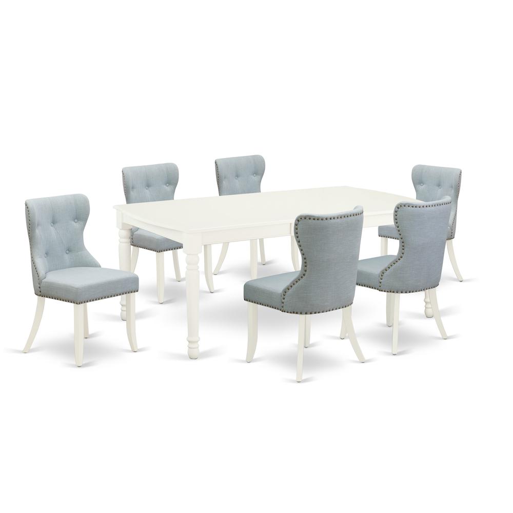East-West Furniture DOSI7-LWH-15 - A dining room table set of 6 excellent dining chairs with Linen Fabric Baby Blue color and an attractive 18 butterfly rectangle dining table with Linen White color"