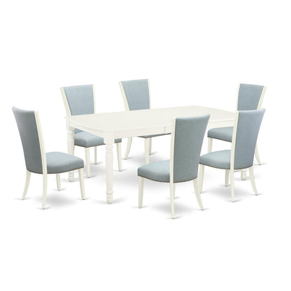 East-West Furniture DOVE7-LWH-15 - A kitchen table set of 6 excellent parson dining chairs with Linen Fabric Baby Blue color and a fantastic 18 butterfly rectangle kitchen table with Linen White colo"
