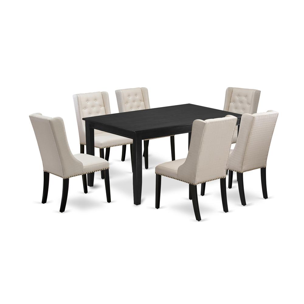 East West Furniture DUFO7-BLK-01 7-Piece Dining Table Set Includes 1 Rectangular Dining Table and 6 Cream Linen Fabric Mid Century Dining Chairs with Button Tufted Back - Black Finish