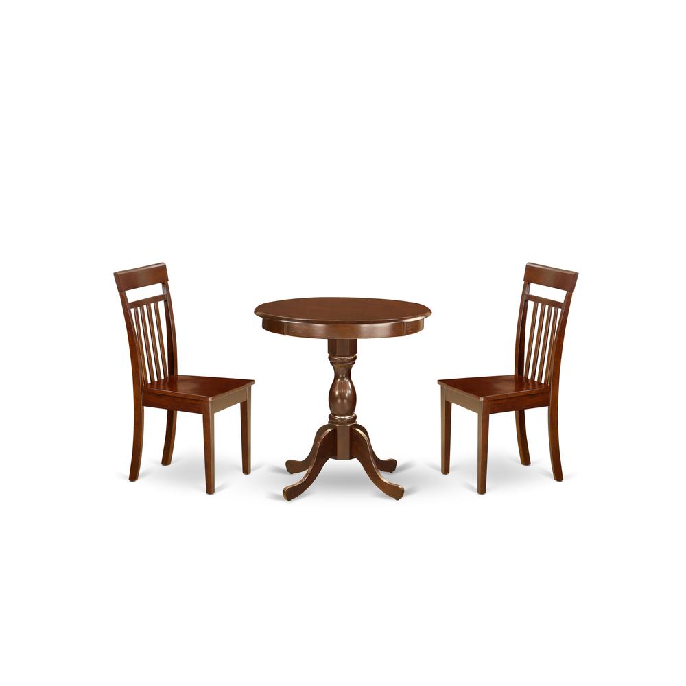 East West Furniture - ESCA3-MAH-W - 3-Pc Modern Dining Table Set - 2 Kitchen Chairs and 1 Dining Room Table (Mahogany Finish)