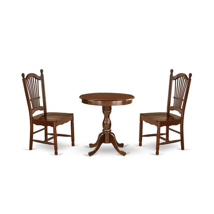 East West Furniture - ESDO3-MAH-W - 3-Pc Dining Set - 2 Wooden Dining Room Chairs and 1 Kitchen Dining Table (Mahogany Finish)