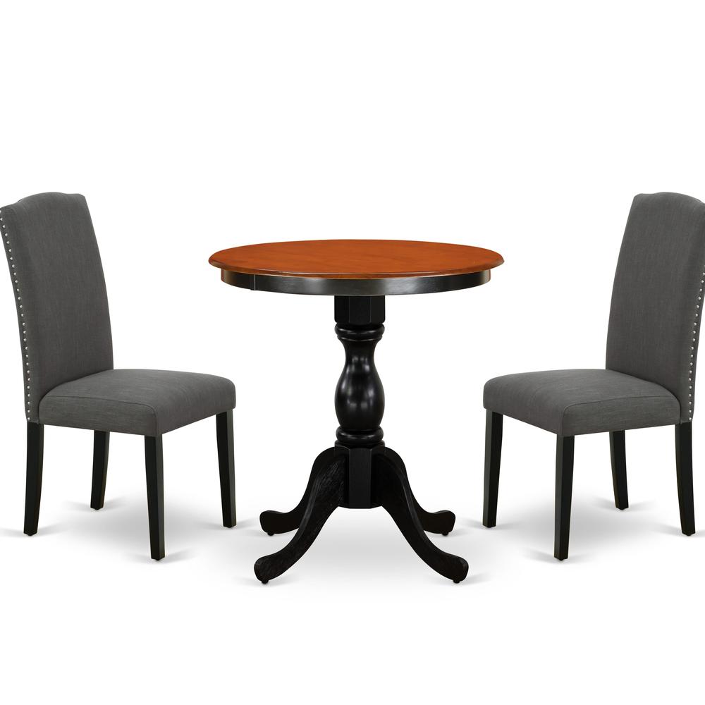 East West Furniture 3-Piece Modern Dining Set Consist of Dining Table and 2 Dark Gotham Grey Linen Fabric Parson Chairs with High Stylish Back - Black Finish