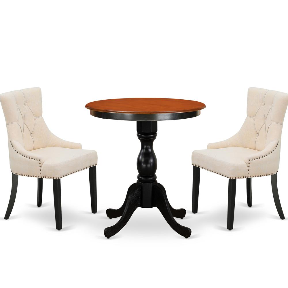 East West Furniture 3-Piece Kitchen Dining Table Set Include a Mid Century Dining Table and 2 Light Beige Linen Fabric Dining Chairs with Button Tufted Back - Black Finish