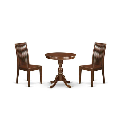 East West Furniture - ESIP3-MAH-W - 3-Pc Dining Room Set - 2 Kitchen Dining Chairs and 1 Wooden Dining Table (Mahogany Finish)
