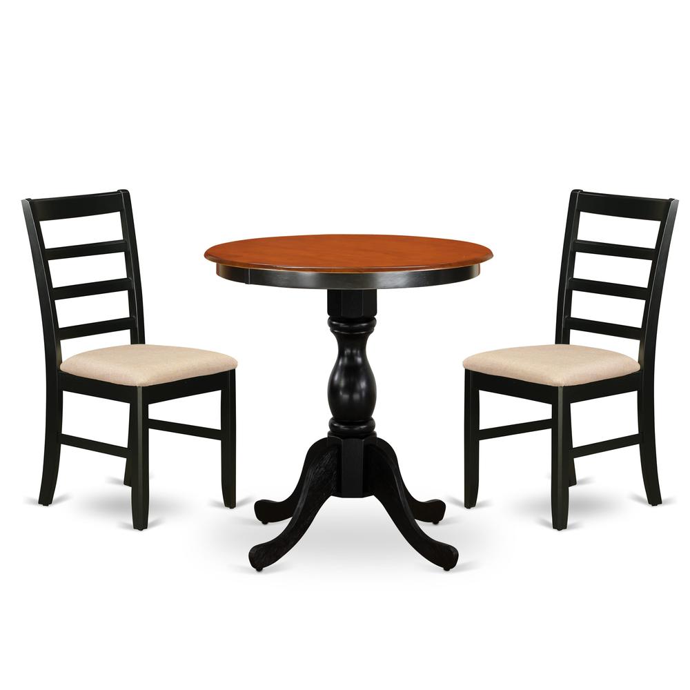 East West Furniture 3-Piece Dining Room Set Include a Wood Table and 2 Linen Fabric Kitchen Chairs with Ladder Back - Black Finish