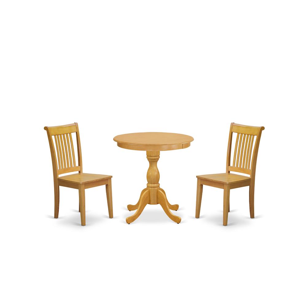 East West Furniture - ESPO3-OAK-W - 3-Pc Modern Dining Room Table Set - 2 Wooden Dining Room Chairs and 1 Wood Dining Table (Oak Finish)