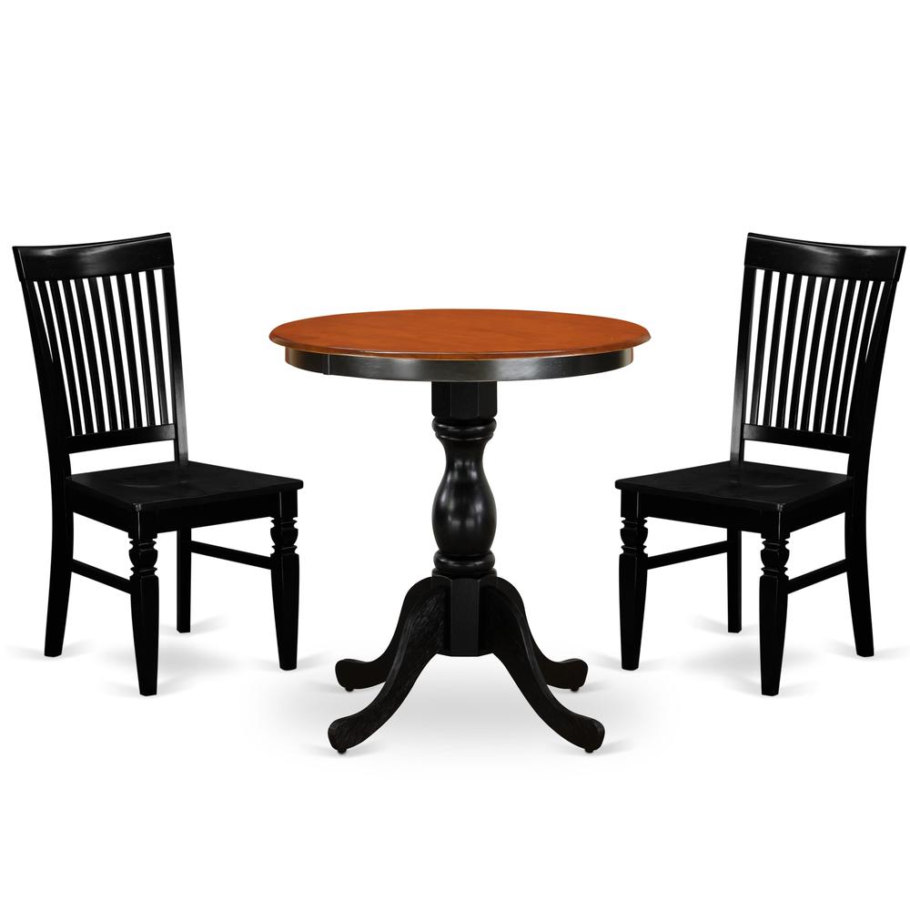 East West Furniture 3-Piece Dining Set Include a Wooden Dining Table and 2 Dining Chairs with Slatted Back - Black Finish