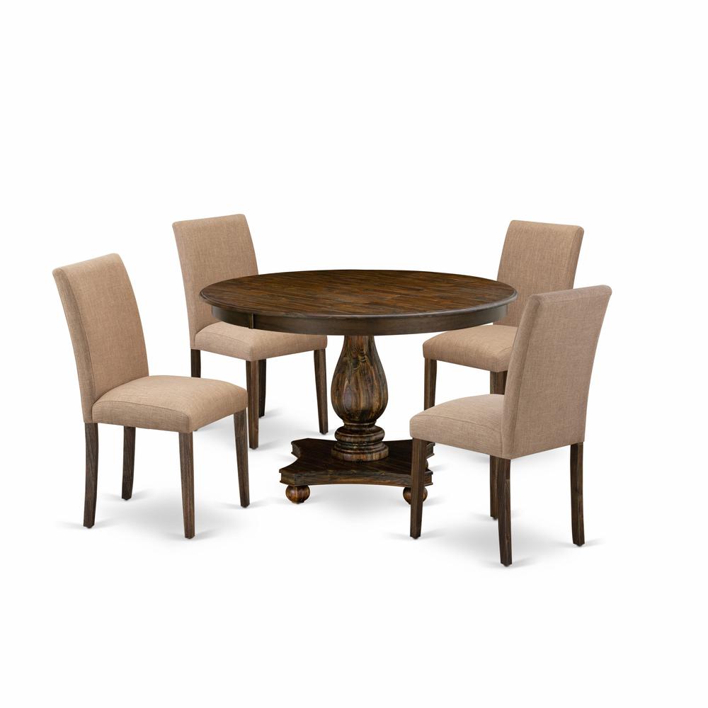 East West Furniture 5 Piece Kitchen Dining Table Set Includes a Dining Table and 4 Light Sable Linen Fabric Dining Chairs with High Back - Distressed Jacobean Finish