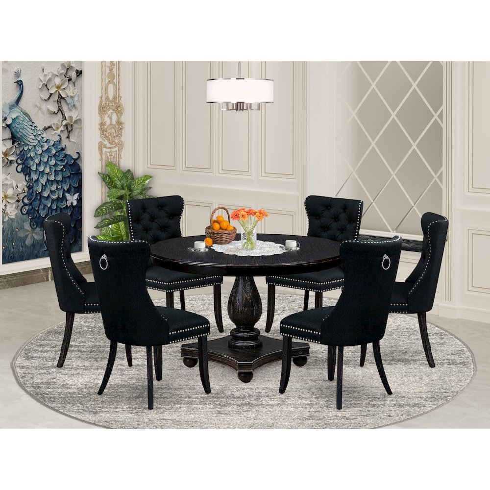 7 Piece Kitchen Table Set Consists Of 48" Round Table In Black Color