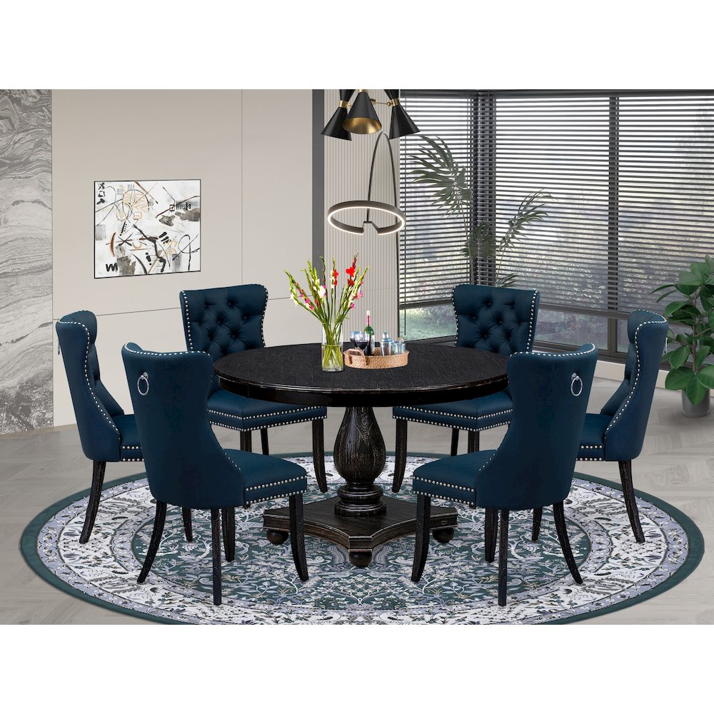 7 Piece Dining Table Set Consists Of 48" Round Table In Navy Blue Color