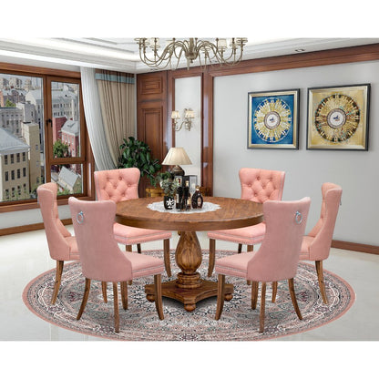 7-Pc Dinner Set Contain A Mid Century Table And 6 Beige Red Upholstered Chairs