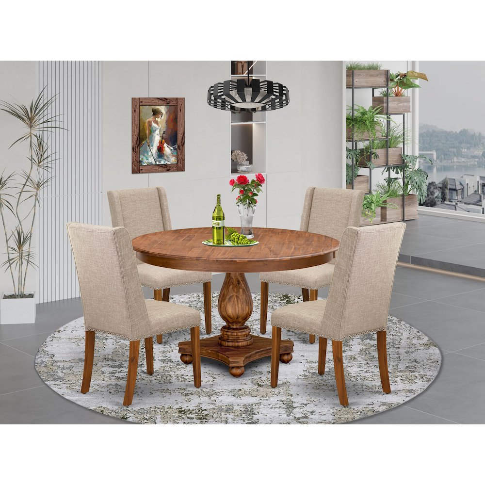 5-Piece Dining Table Set Of A Mid Century Table, 4 Light Tan Dinner Chairs