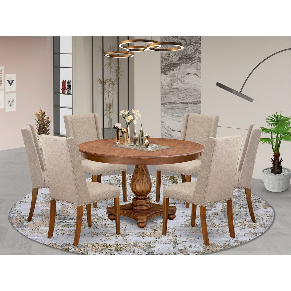 7-Piece Dining Table Set A Wooden Dining Table, 6 Light Tan Fabric Parsons Chair