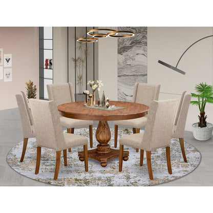 7-Piece Dining Table Set A Wooden Dining Table, 6 Light Tan Fabric Parsons Chair