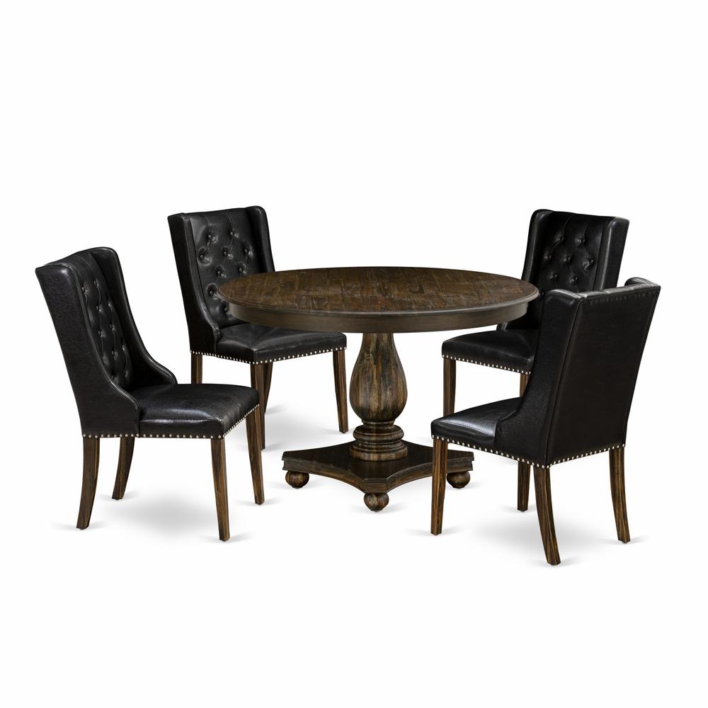 East West Furniture 5 Piece Dining Room Table Set Includes a Modern Dining Table and 4 Black PU Leather Kitchen Chairs with Button Tufted Back - Distressed Jacobean Finish