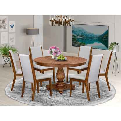 7-Piece Mid Century Modern Dining Table Set A Modern Table, 6 Grey Fabric Chairs