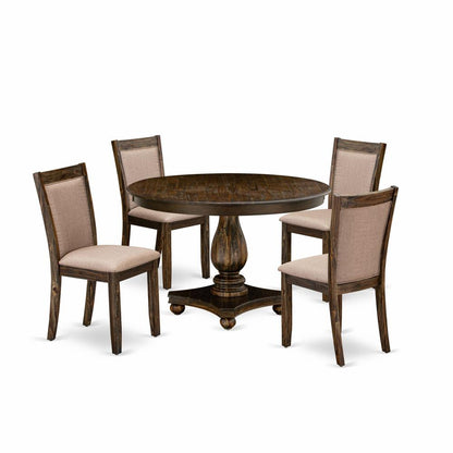 East West Furniture 5 Piece Dinner Table Set Includes a Kitchen Table and 4 Dark Khaki Linen Fabric Upholstered Dining Chairs with High Back - Distressed Jacobean Finish