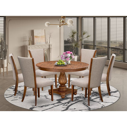 7 Piece Dinette Set Consists Of 54" Round Dining Table In Light Tan Color
