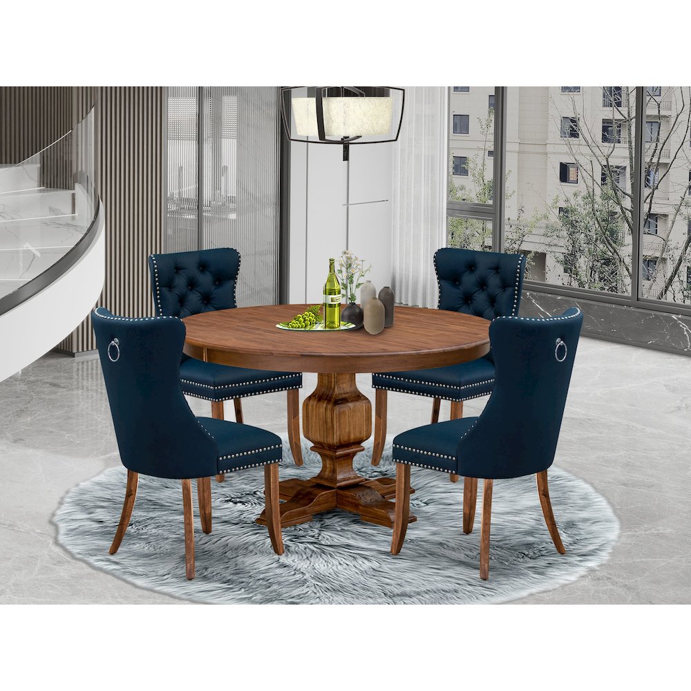 5-Pc Dining Table Set Include A Round Dining Table And 4 Navy Blue Dining Chairs