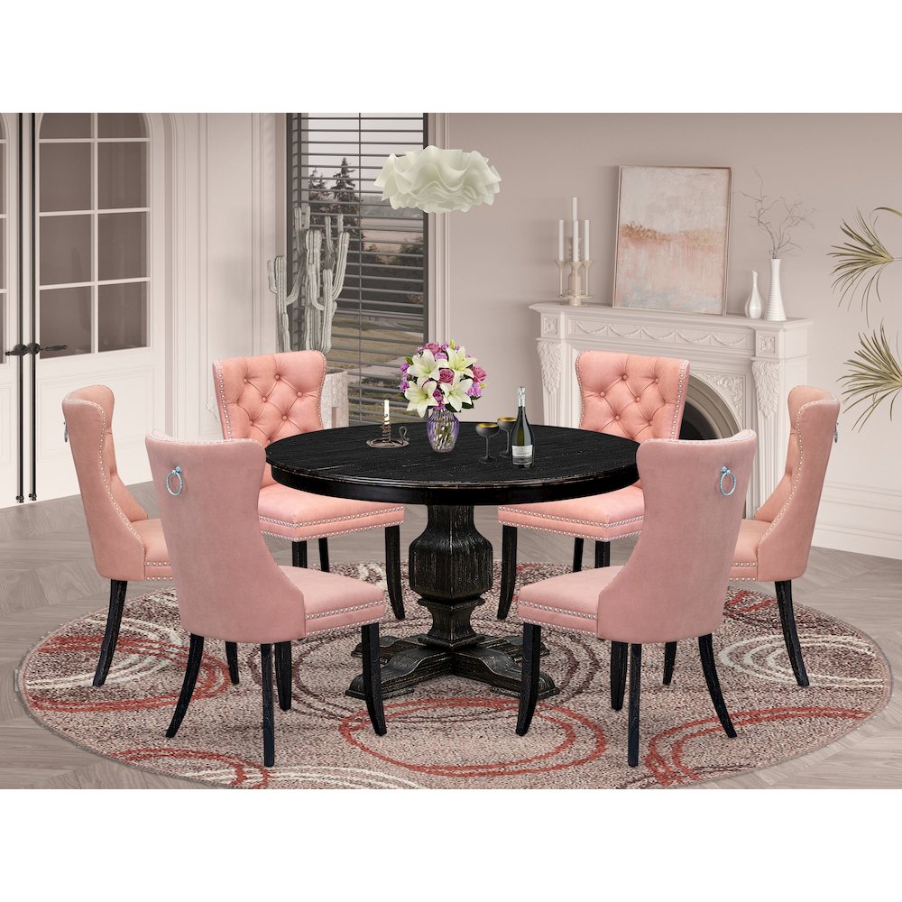 7 Piece Dining Set Consists Of 48" Round Table In Beige Red Color