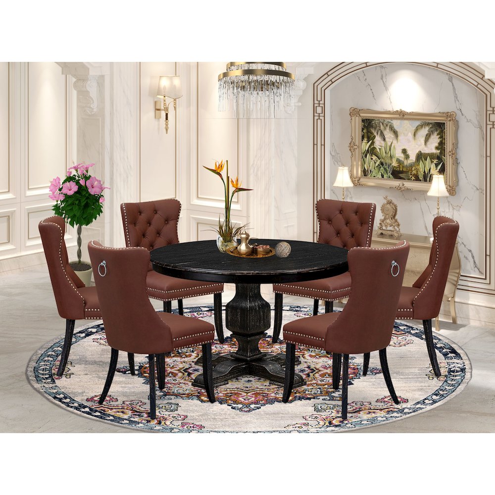 7 Piece Dining Table Set Consists Of 48" Round Table In Burgandy Color