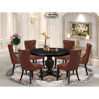 7 Piece Dining Table Set Consists Of 48" Round Table In Burgandy Color