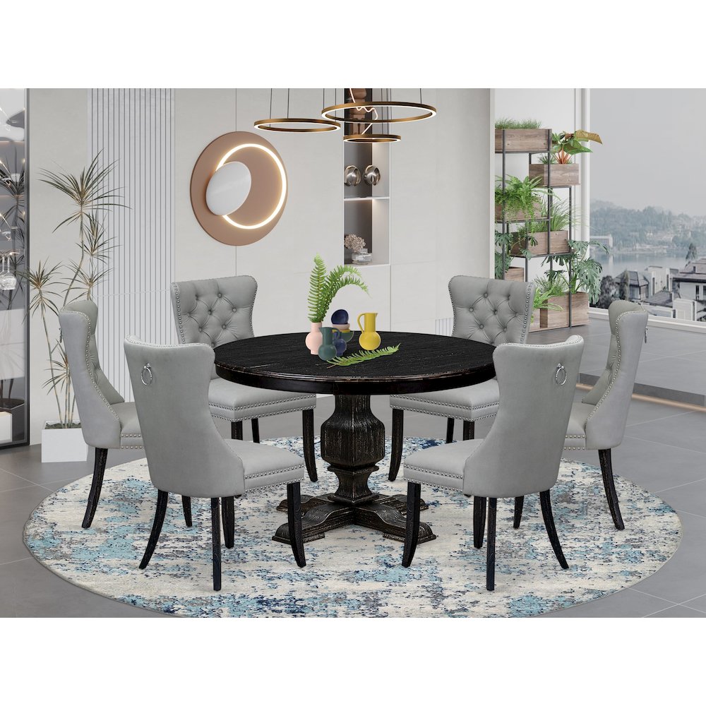 7 Piece Dining Table Set Consists Of 48" Round Table In Light Gray Color