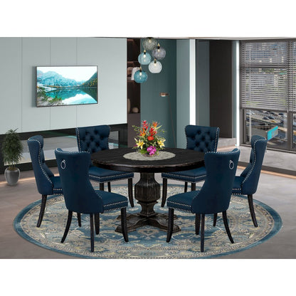7 Piece Dining Table Set Includes 48" Round Table In Navy Blue Color