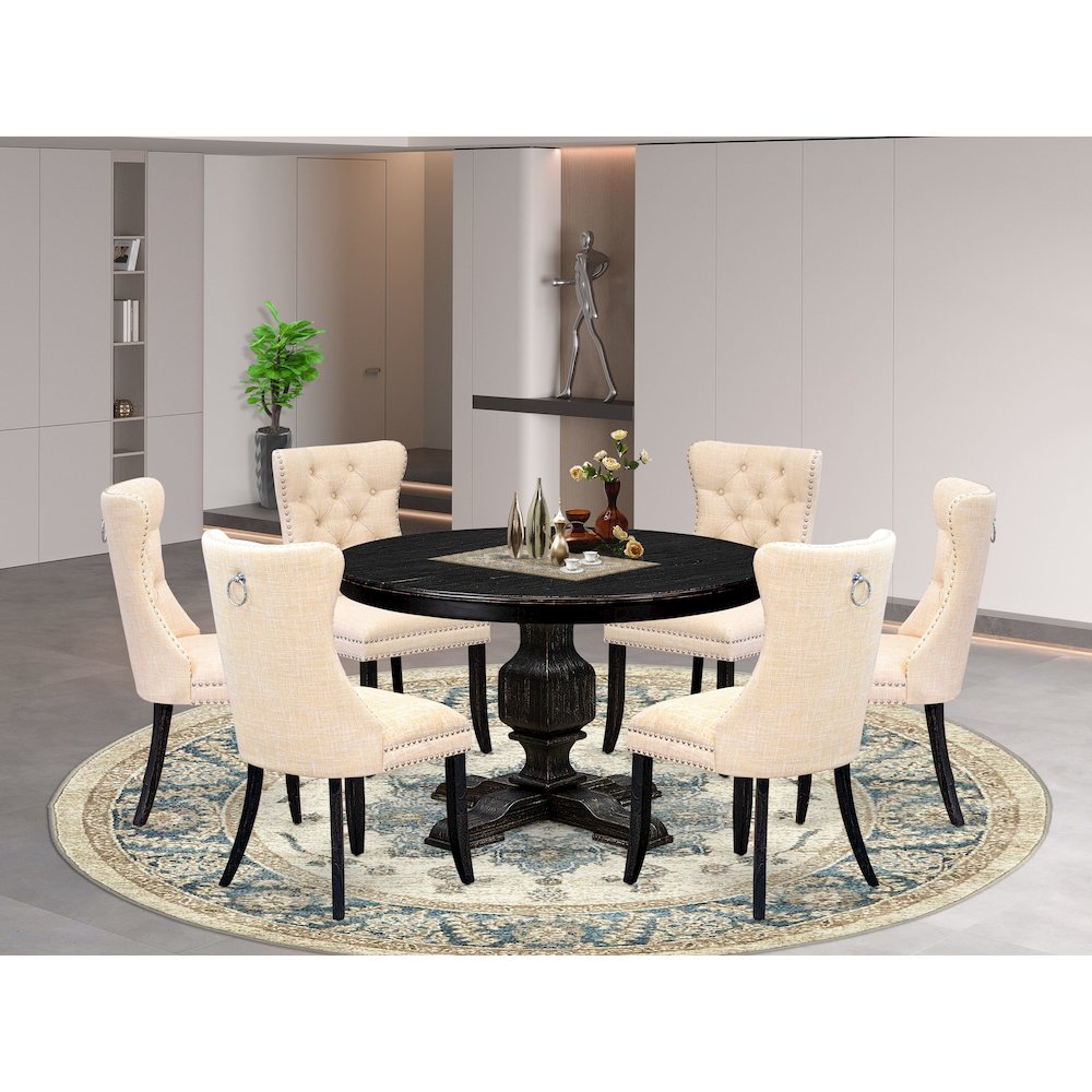 7-Pc Dining Table Set A Wooden Table, 6 Light Beige Linen Fabric Kitchen Chair