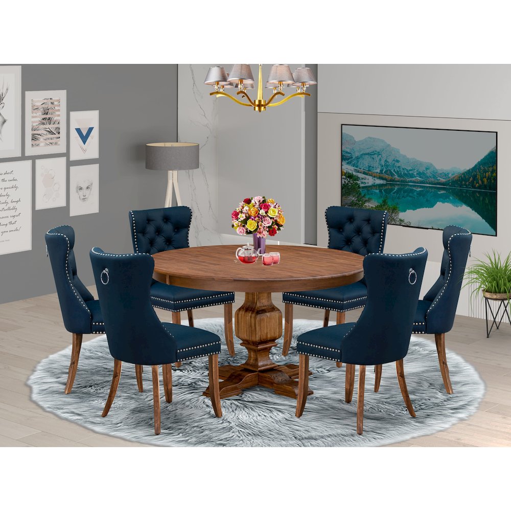 7-Pc Dinner Table Set Consist A Mid Century Table And 6 Navy Blue Parsons Chairs