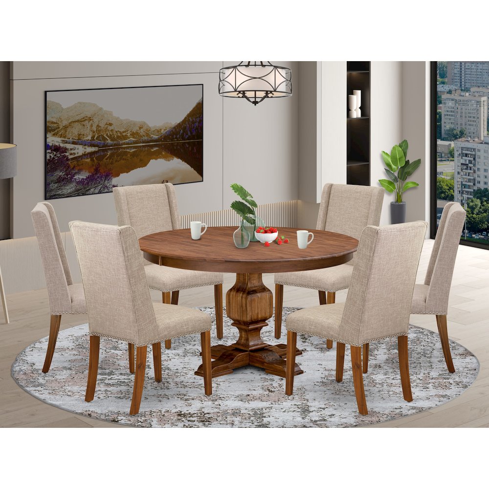 7-Pc Dining Set Of A Modern Kitchen Table, 6 Light Tan Fabric Dining Room Chairs