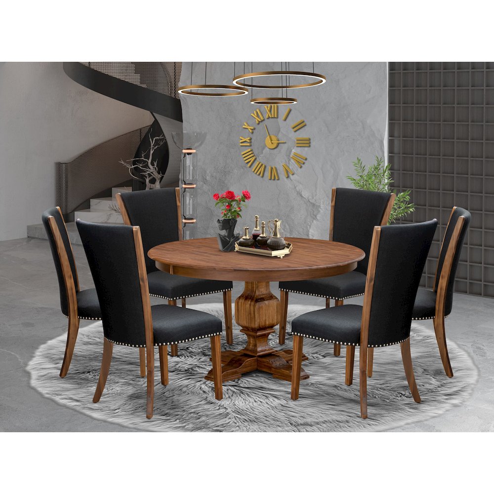 7 Piece Kitchen Table Set Consists Of 54" Round Table In Black Color